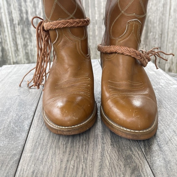 ACME Western Cowboy Boots Women 7.5 D Brown Leather Fringe Rope Stacked Heel USA - Picture 6 of 14
